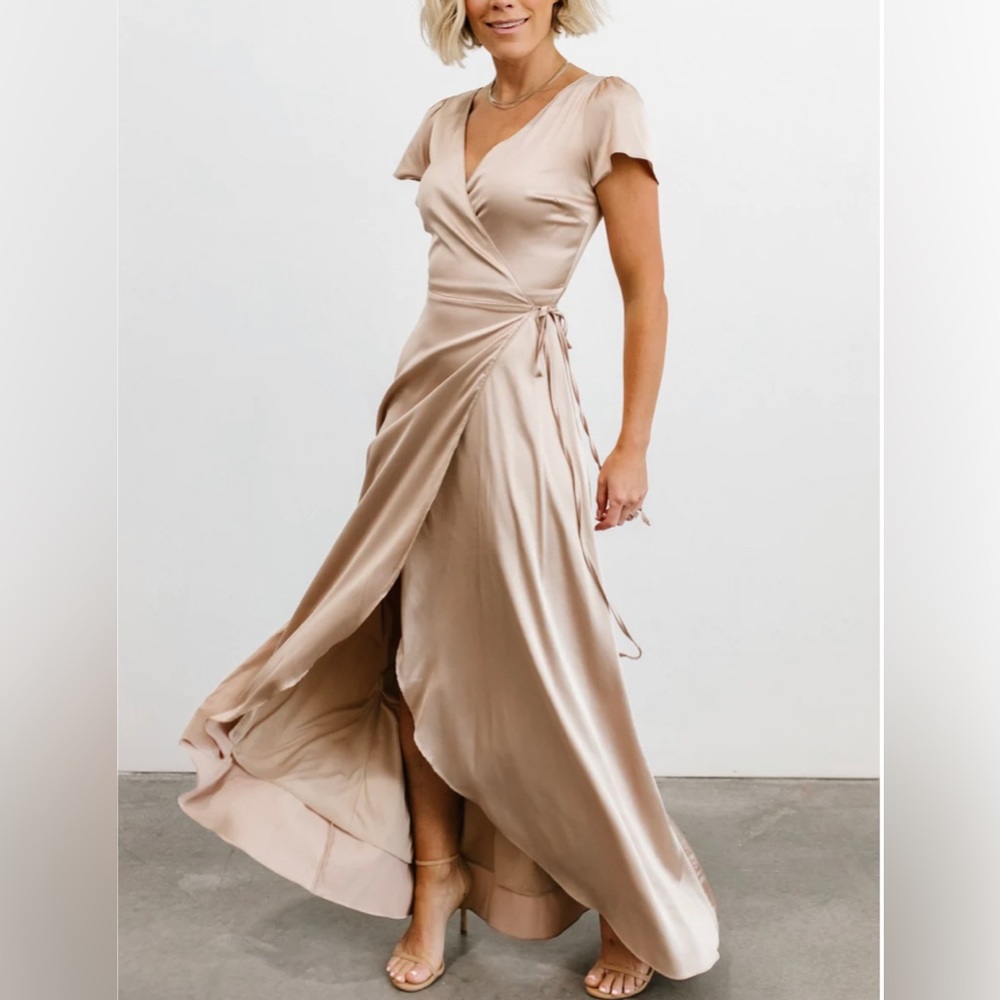 Baltic Born Satin Wrap Gown in champagne.